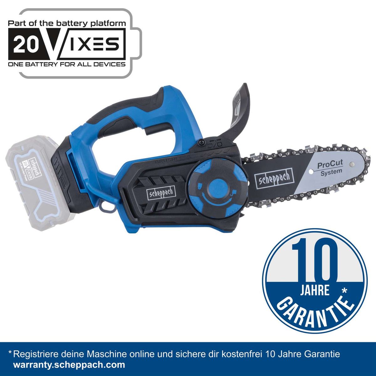Scheppach Akku-Kettensäge mit 20-V-X-Variante, 10 Jahre Garantie, Brushless-Technologie, 20 cm Schwertlänge, 17,5 cm Schnittlänge, 7 m/s Schnittgeschwindigkeit