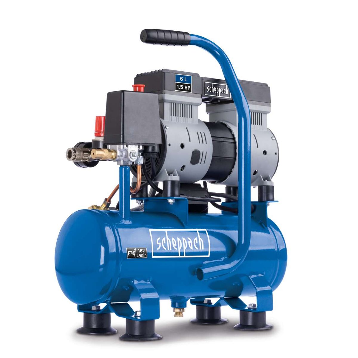Kompressor HC08Si Scheppach mit 1,5 PS, 162 l/min Ansaugleistung, 6 Liter Tank und 8 Bar Druck. Ölfrei und leise mit 67 dB.