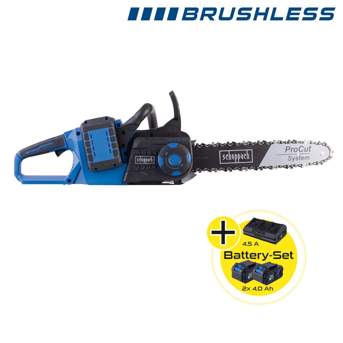 Brushless-Akku-Kettensäge mit 2x 4,0 Ah Akkus und Ladegerät für Scheppach BC-CS355Duo-X
