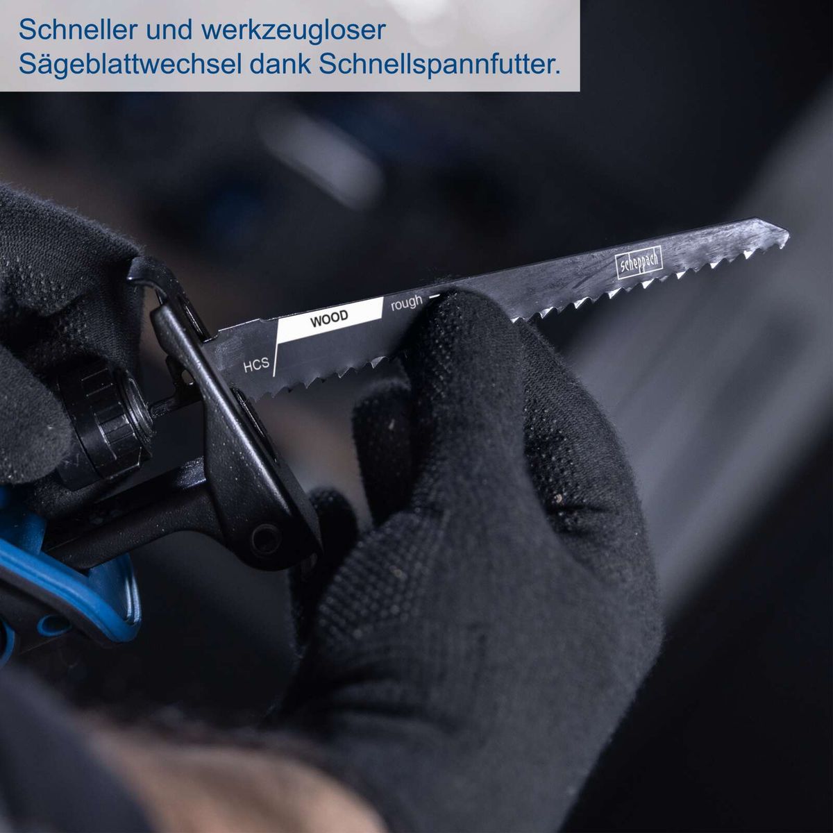 Scheppach-Sägblatt mit Schnellspannfutter für Akku-Säbelsäge, angedeutet für schnelle Wechsel