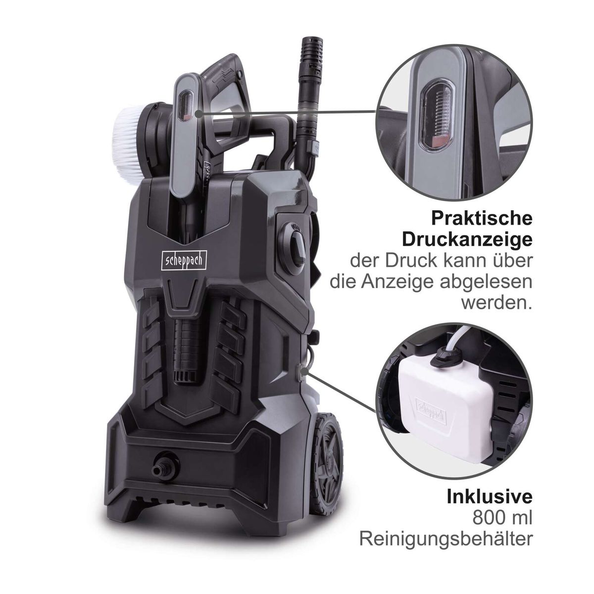 Der Elektro-Hochdruckreiniger HPC2400-BE von Scheppach verfügt über eine praktische Druckanzeige zur Überwachung des Drucks und ist inklusive eines 800 ml Reinigungsbehälters.