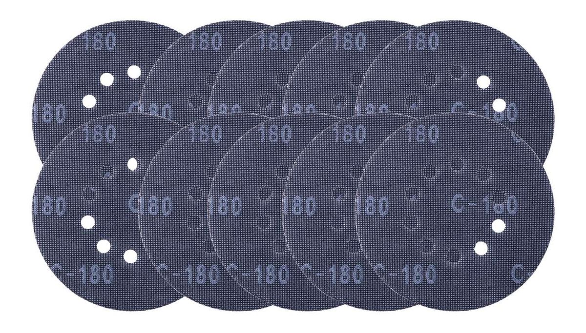 Scheppach Schleifgitter Set mit 10 Teilen, Durchmesser 225 mm. Enthält 5x K80 und 5x K180. Gezeigt von oben.