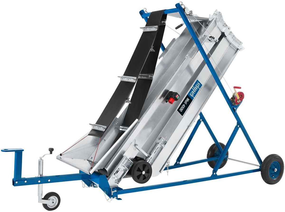 Scheppach Zugdeichsel mit Stützrad und Schlepper-Zugöse, seitliche Ansicht.