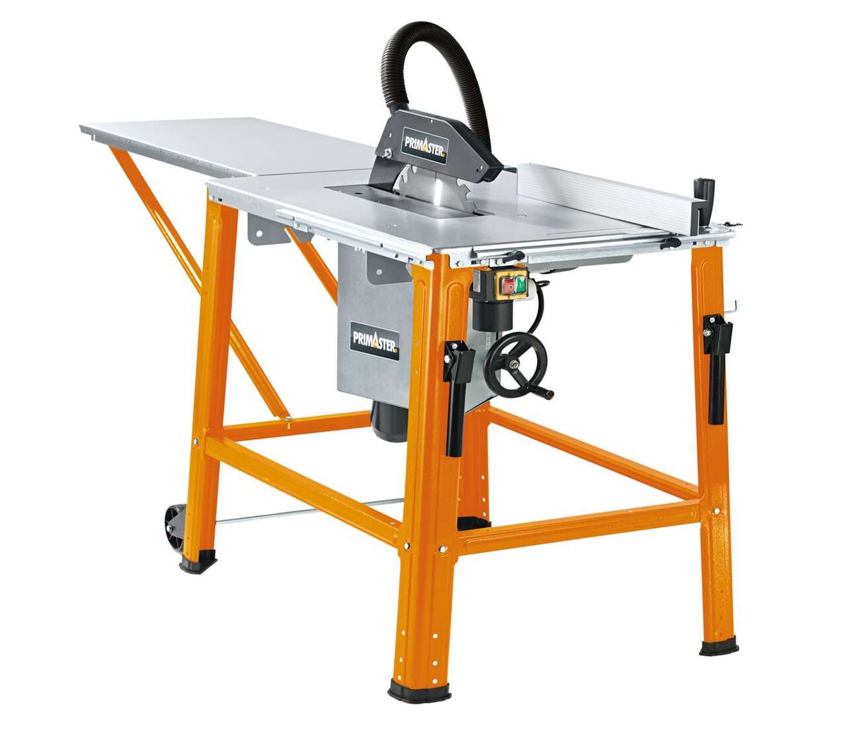 Tischkreissäge TS2200 von Primaster, seitliche Ansicht, orangefarbenes Gestell mit grauer Arbeitsplatte.