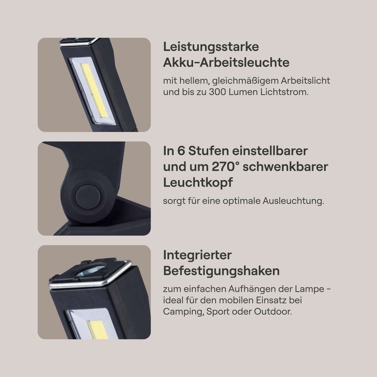 Die Akku-Arbeitsleuchte GO-AL20 gomag von Scheppach bietet helle, gleichmäßige Arbeitsbeleuchtung mit bis zu 300 Lumen. Der Leuchtkopf ist in 6 Stufen einstellbar und um 270° schwenkbar. Integrierter Befestigungshaken für einfaches Aufhängen.