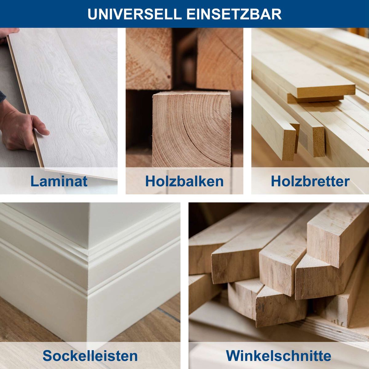 Mögliche Holzverbindungen für präzise Akzent- und Gehrungsschnitte: Laminat, Holzlatten, Balken, Sockelleisten, Winkelschnitte