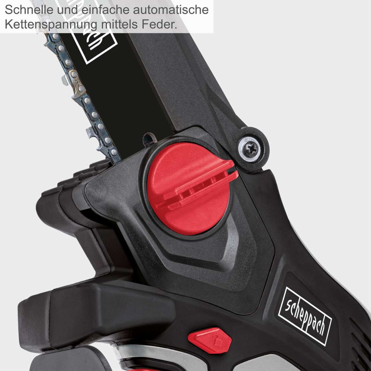 Der Akku-Gehölzschneider PCS6-20PROS von Scheppach bietet schnelle und einfache automatische Kettenspannung mittels Feder. Diese Funktion ermöglicht eine einfache und effiziente Anpassung der Kette ohne zusätzliche Werkzeuge.