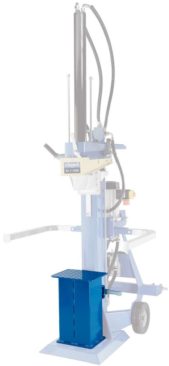 Scheppach Spalttisch mit blauer Arbeitsplatte und grauer Hydraulikvorrichtung. Das Gerät steht auf einem weißen Gestell mit Rädern.