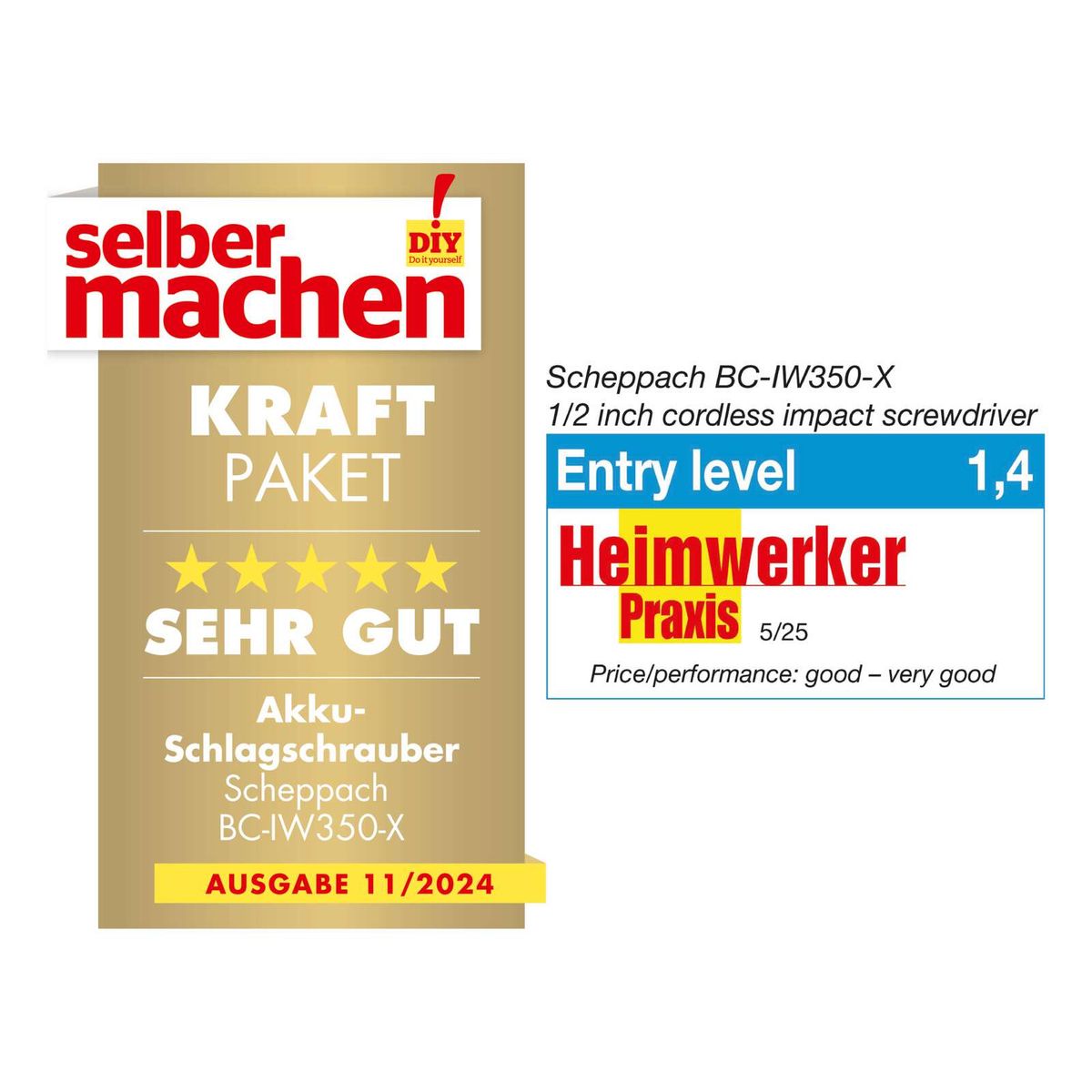 Akku-Schlagschrauber BC-IW350-X von Scheppach mit Kraftpaket-Paket, sehr gut bewertet, 1,4 Preis-Leistungsbewertung.