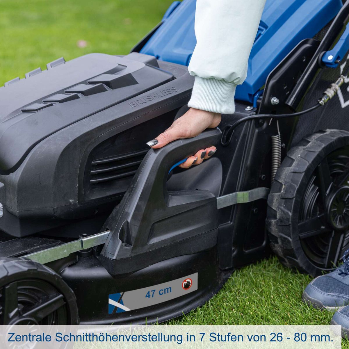 Zentrale Schnithöhenverstellung für 7 Stufen zwischen 26 und 80 mm, Akku-Rasenmäher mit 47 cm Schnittbreite