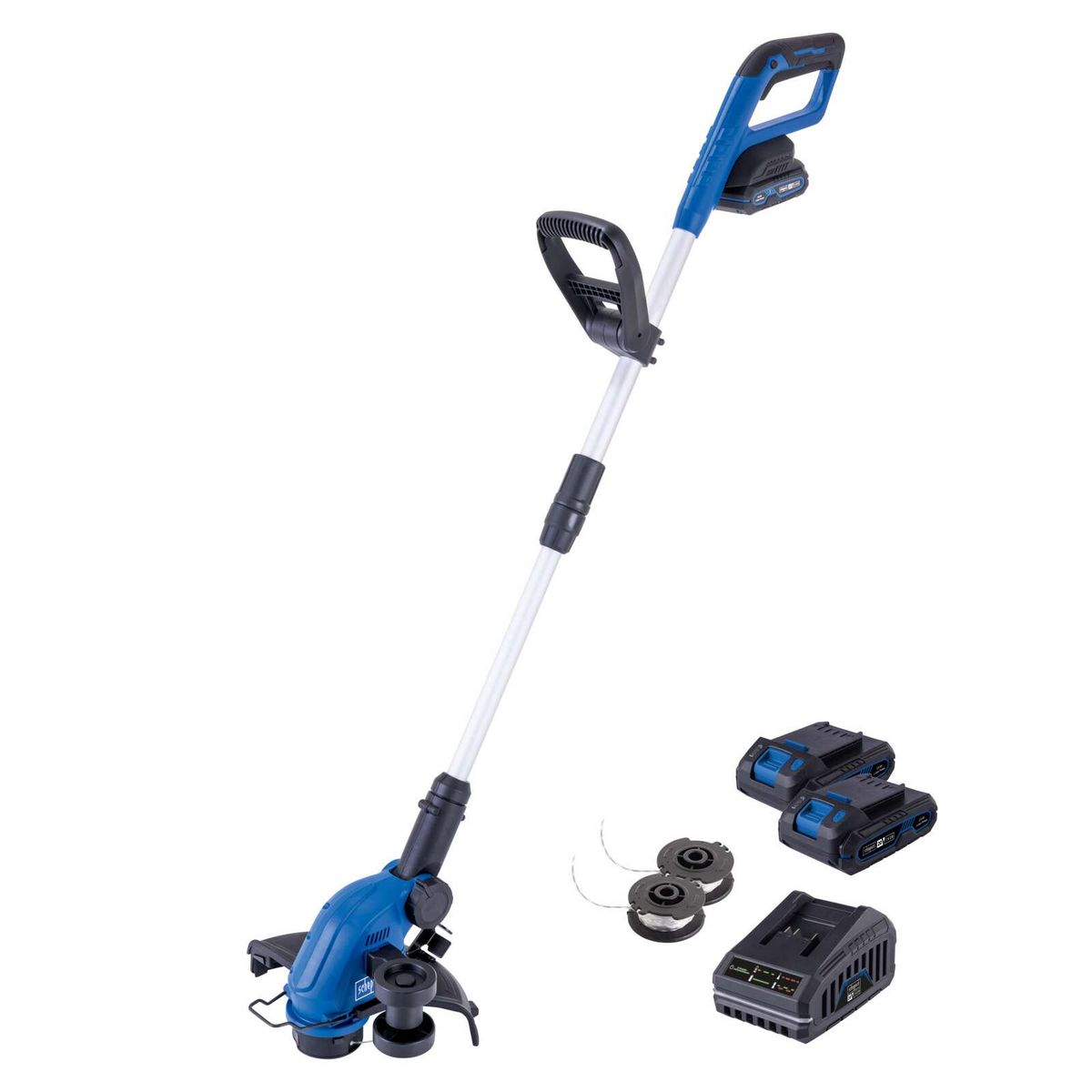 Akku-Rasentrimmer mit 3 Meter Fadenlänge, 270 mm Höhenverstellung, inkl. 2 Akkus und Ladegerät