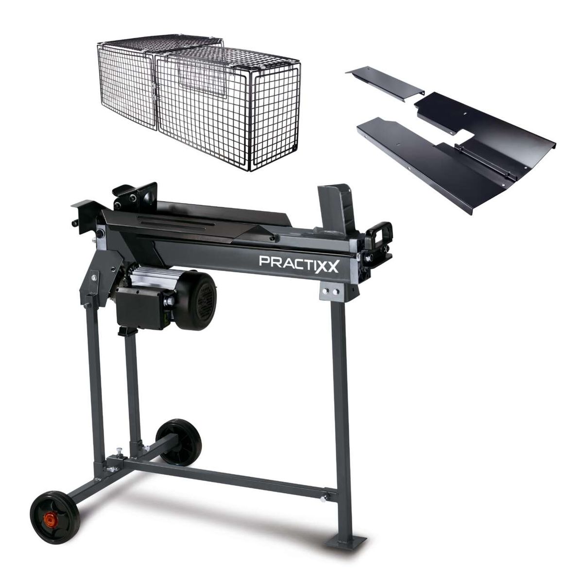 Liegender Holzspalter mit praktischem Untergestell und Schutzgitter für Sicherheit, inkl. herausnehmbaren Schutzblechen