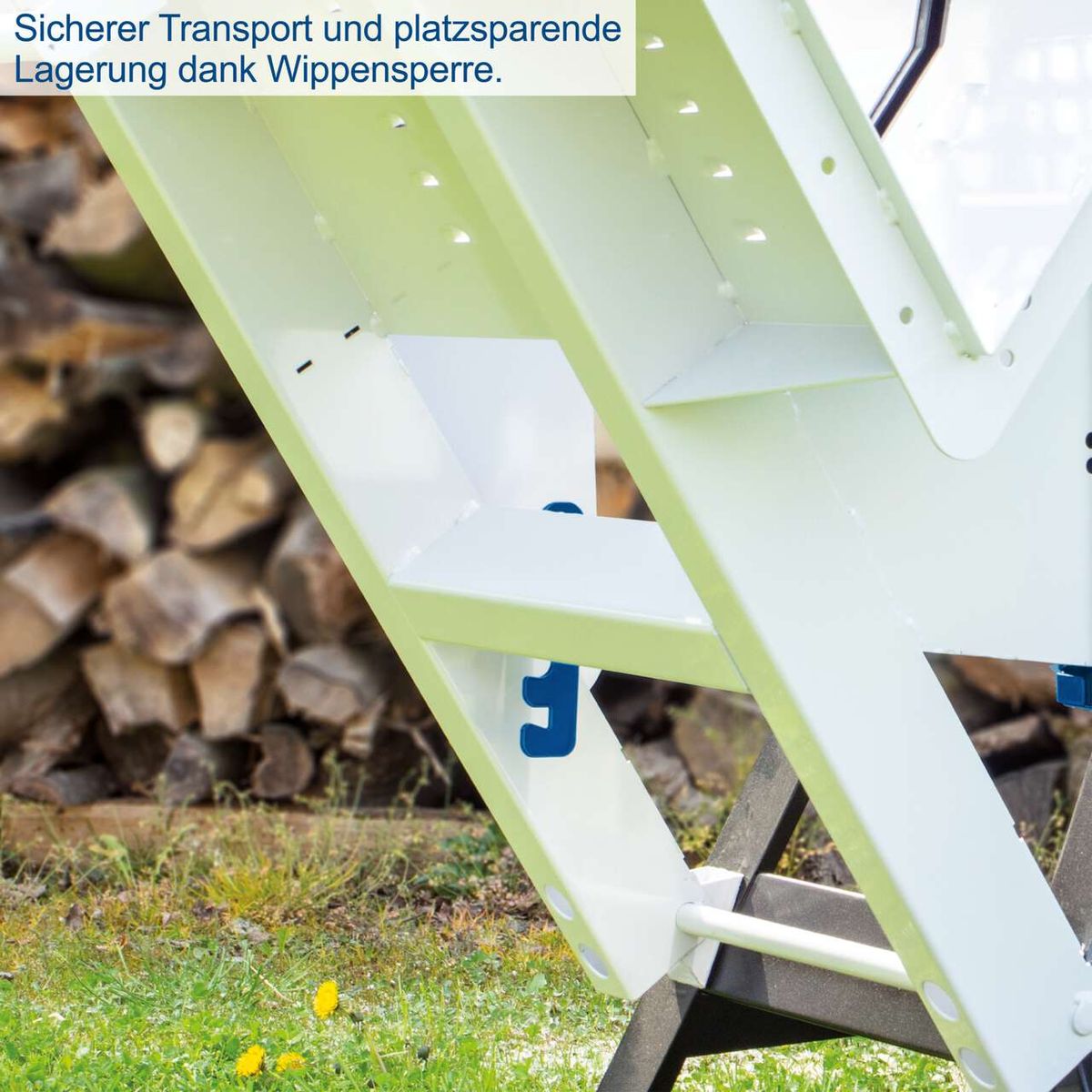Wippsperre für sicheren Transport und platzsparende Lagerung von Brennholz