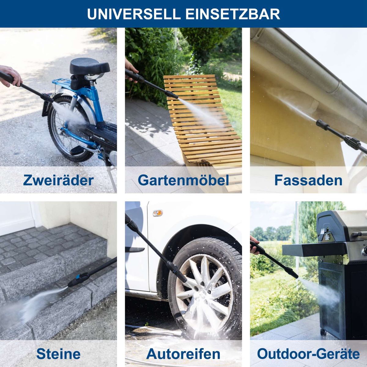 Mehrzweck-Hochdruckreiniger für verschiedene Oberflächen wie Gartenmöbel, Fassaden, Zweiräder, Steine und Outdoor-Geräte mit Schlauchanschluss.