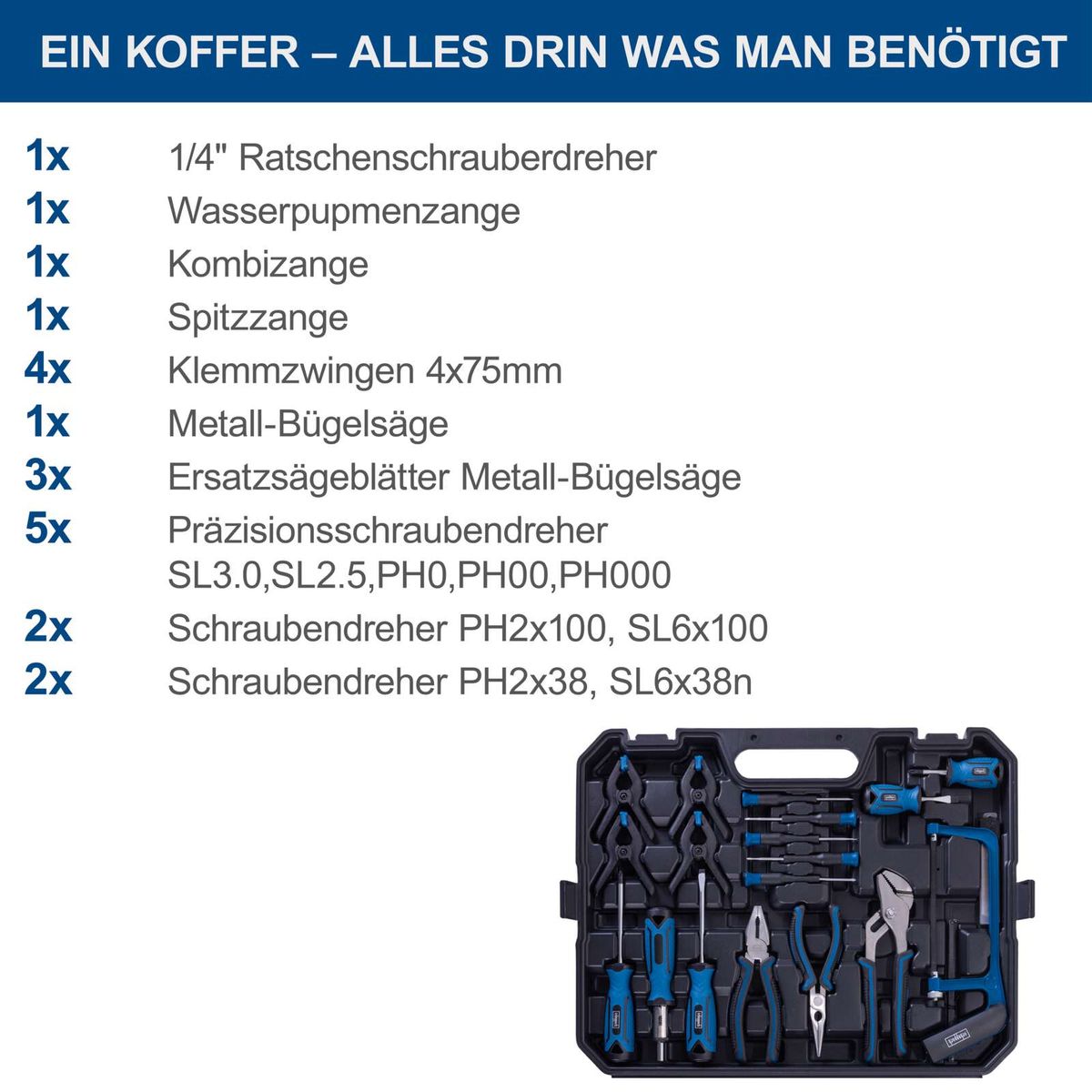 Werkzeugkoffer mit 169 Teilen inkl. Schraubendreher, Kombizange, Klemmzangen, Bohrer und Messerien für Scheppach-Werkzeugset