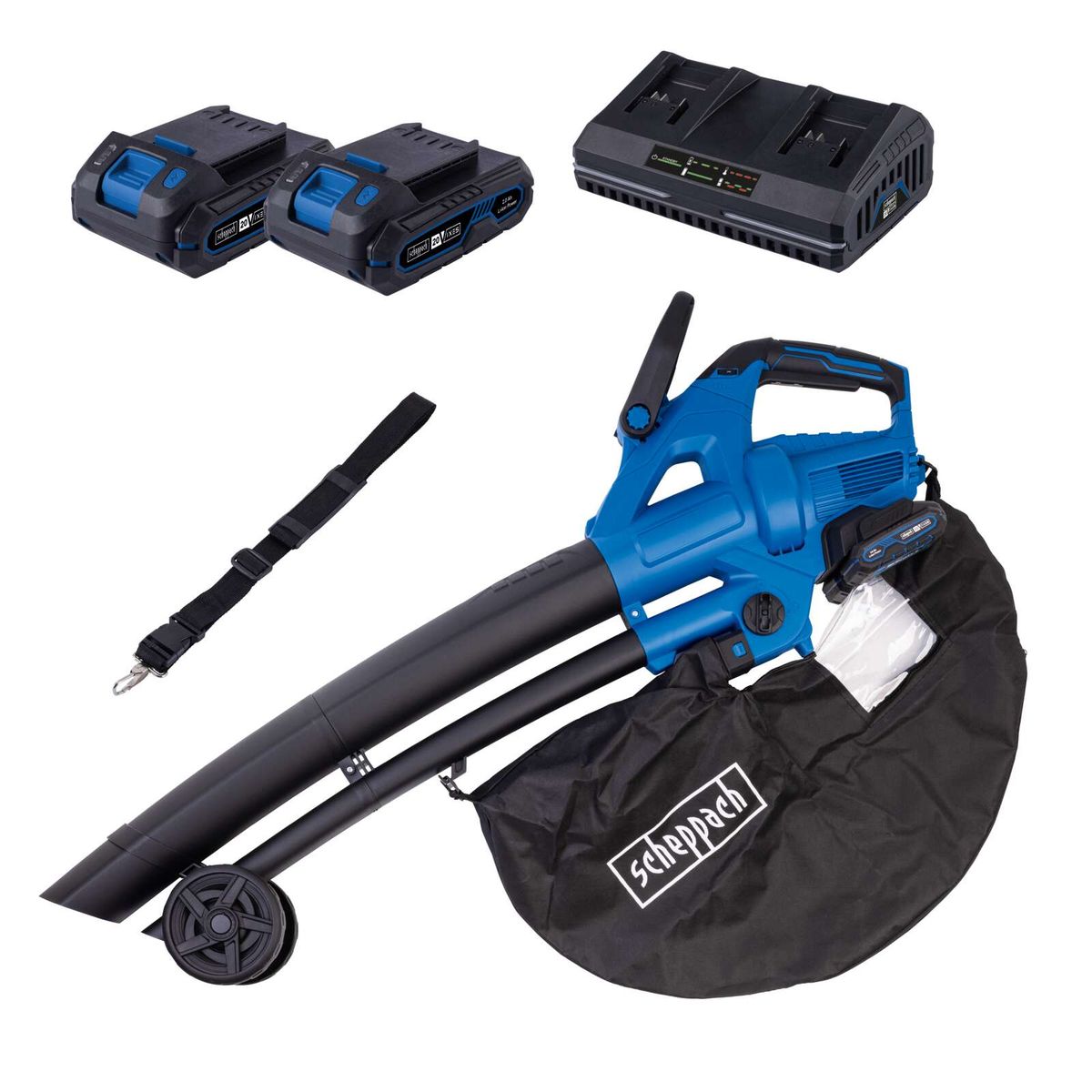 Scheppach Akku-Laubsauger/-bläser mit Akkusatzset und Ladegerät, inkl. langem Schlauch und Sammelbeutel