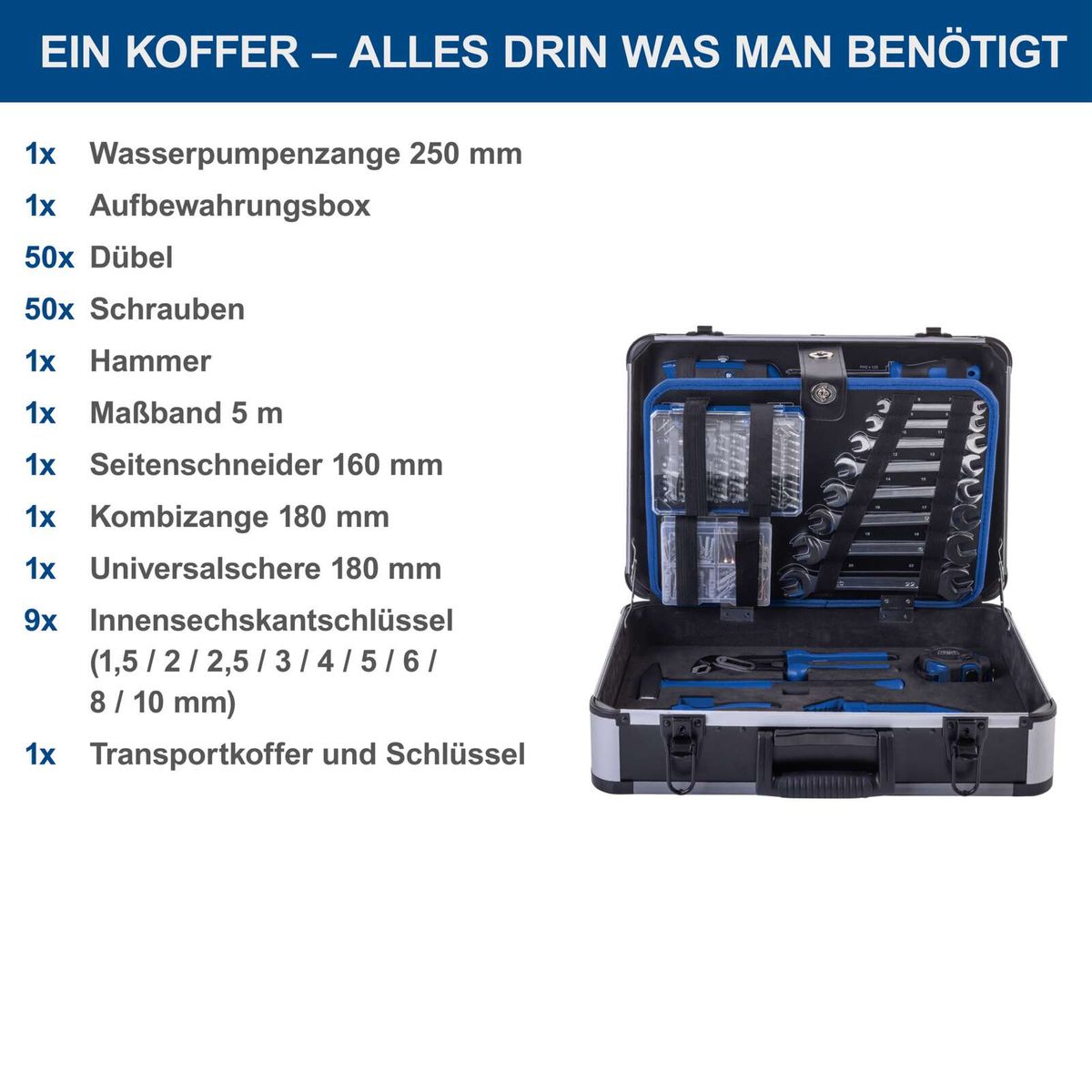 Werkzeugkoffer mit detaillierter Liste aller enthaltenen Werkzeuge und Zubehörteile für Scheppach TB225