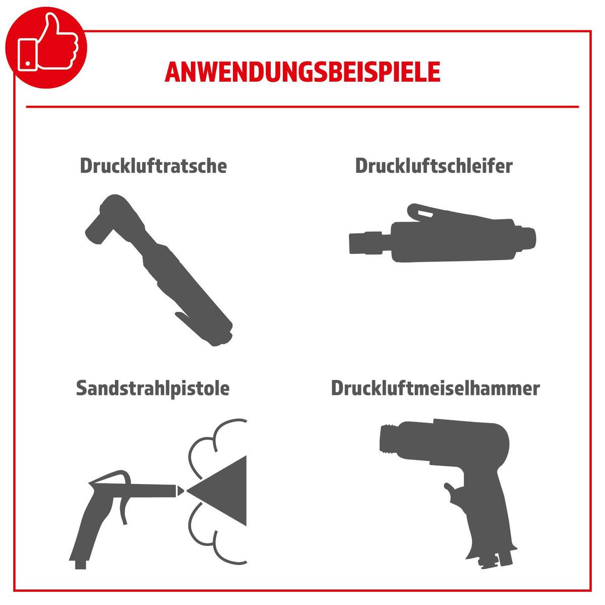 Das Kompressor AC501-14 Set Herkules (Bauhaus) enthält eine Druckluftratsche, einen Druckluftschleifer, eine Sandstrahlpistole und einen Druckluftmeiselhammer.
