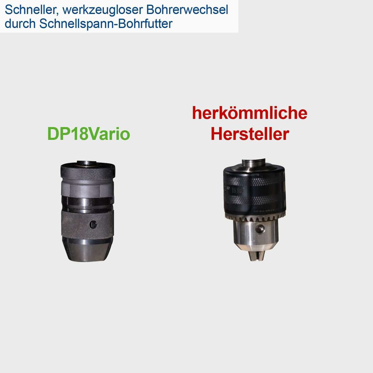 Schneller, werkzeugloser Bohrerwechsel durch Schnellspann-Bohrfutter. Vergleich zwischen Scheppach DP18Vario und herkömmlichen Herstellern.