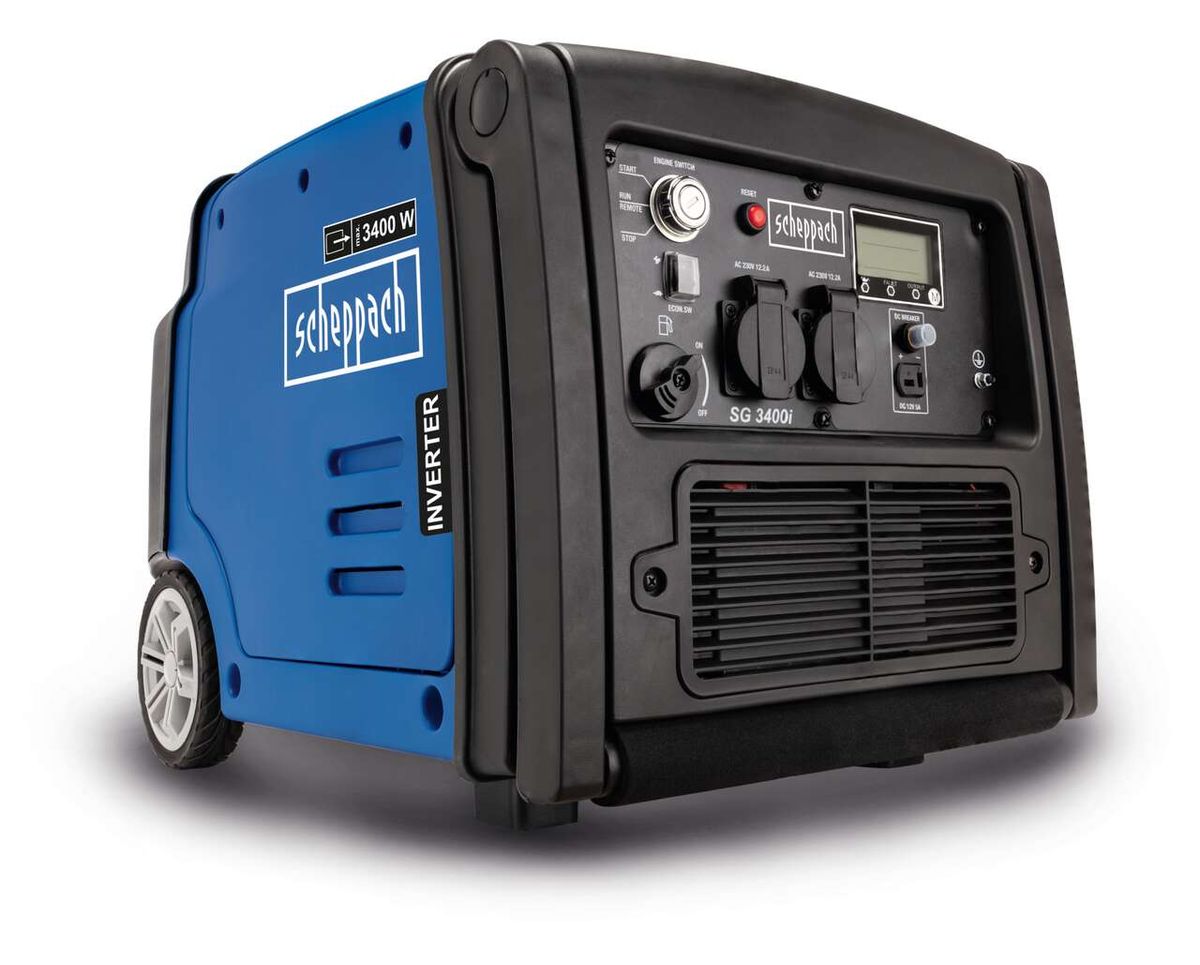 Inverter SG3400i Scheppach, 3400W, 7,4L Tank, 65,5 dB, von der Seite gezeigt.
