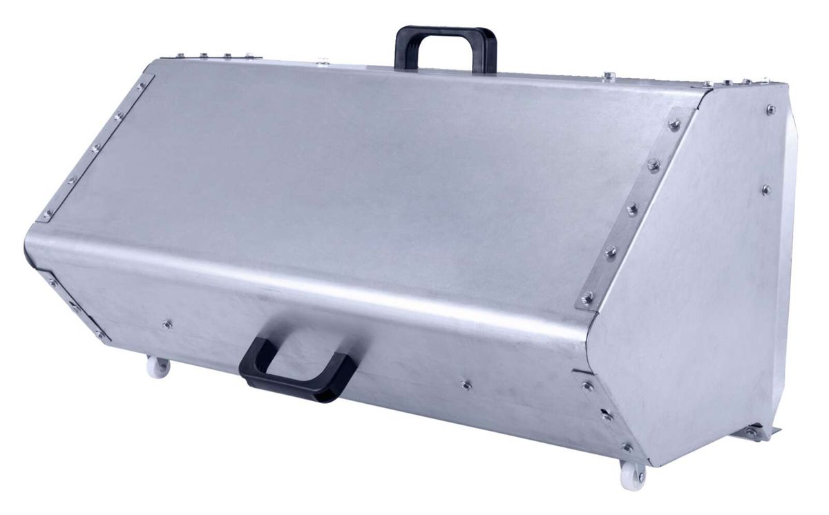 Metallkoffer mit zwei Griffen und vier Rollen, ideal für den Transport von Werkzeugen und Zubehör.