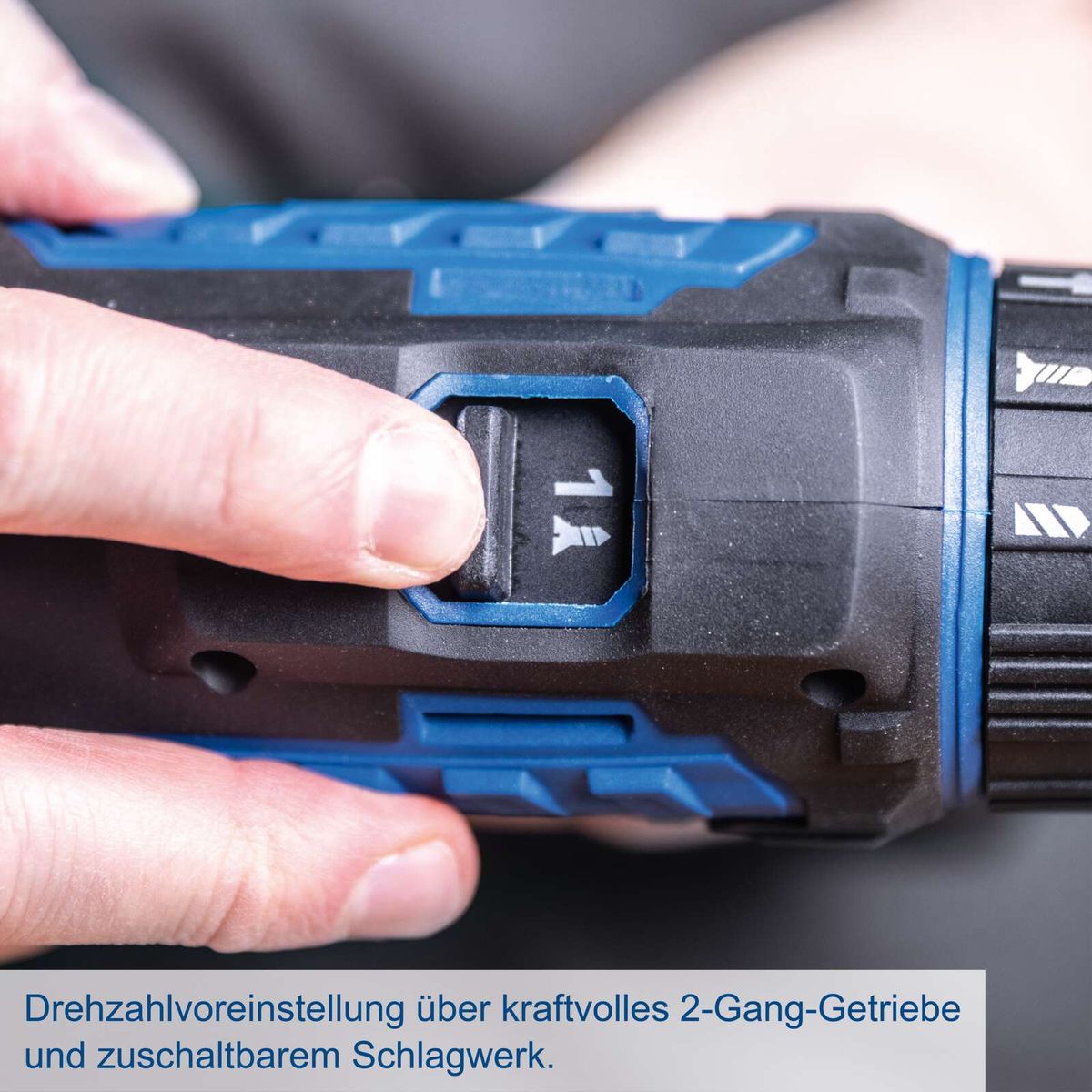 2-Gang-Drehzahlvorwahl mit kraftvollem Getriebe und einstellbarem Schlagwerk für Akku-Schlagbohrmaschine
