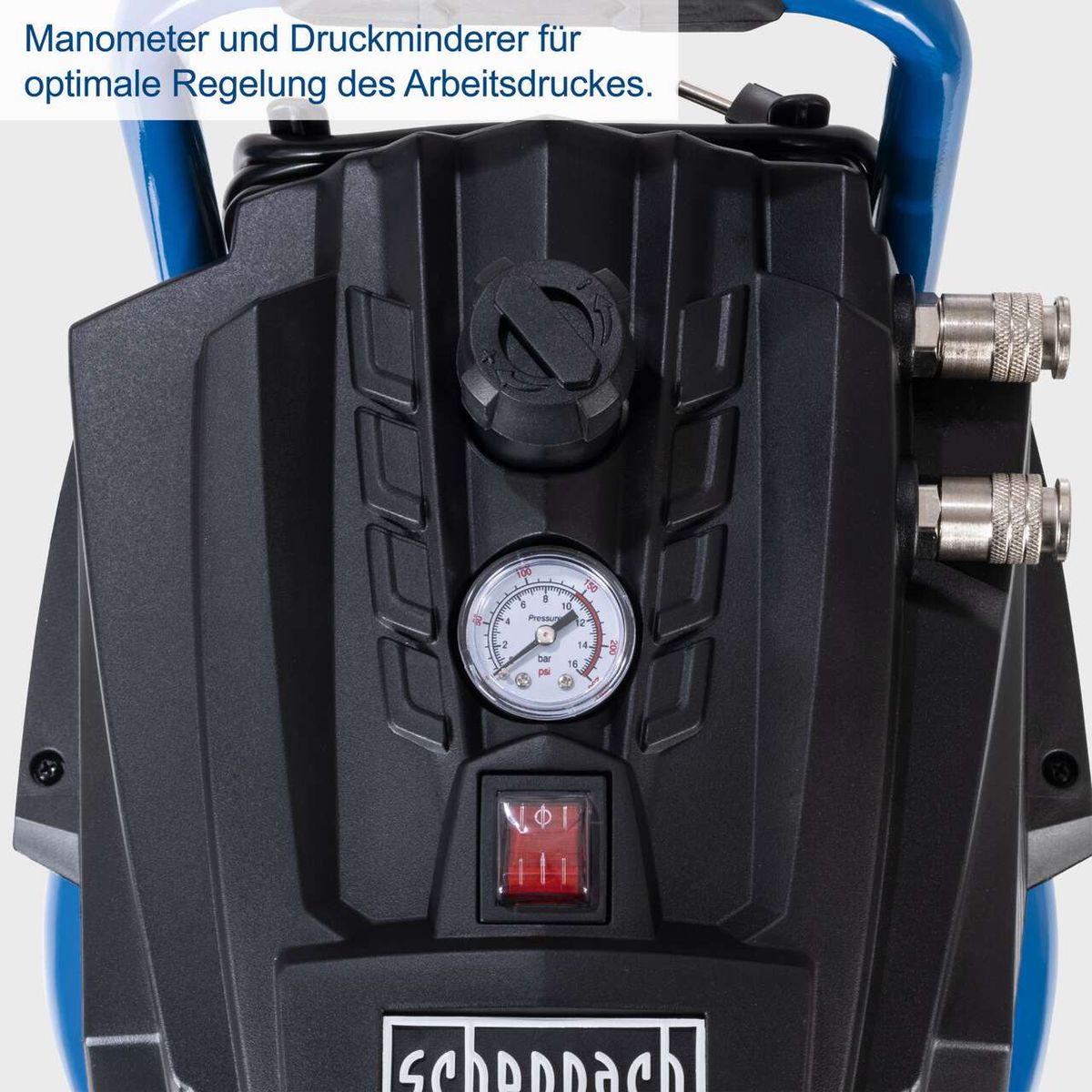Der Scheppach Kompressor HC35V verfügt über ein Manometer und einen Druckminderer für die optimale Regelung des Arbeitsdrucks.