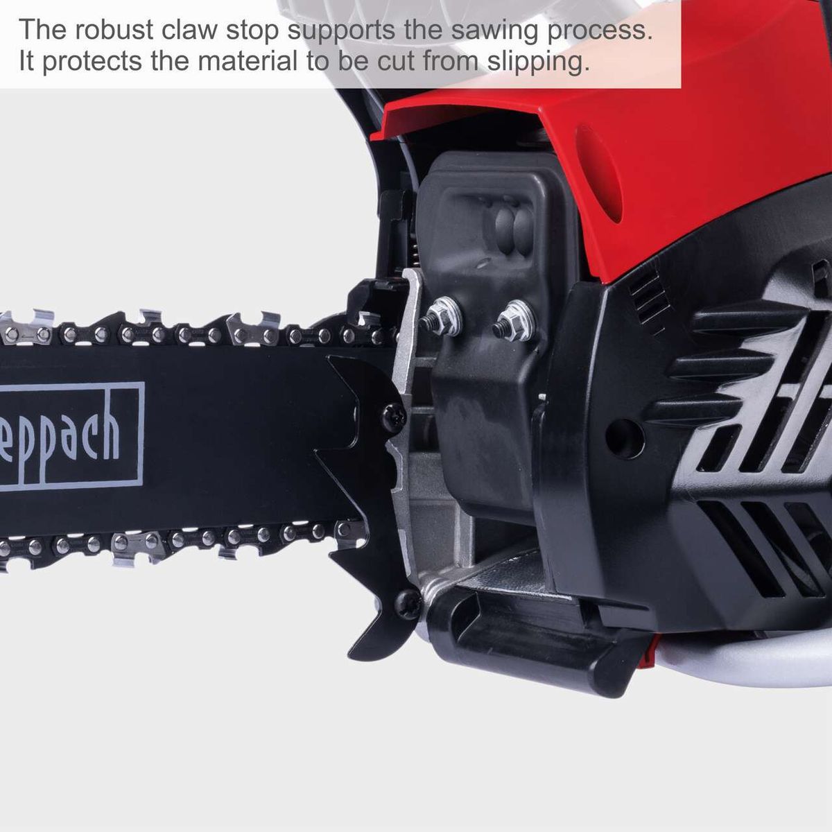 The robust claw stop of the petrol chainsaw PCS38 by Scheppach supports the sawing process and protects the material to be cut from slipping.