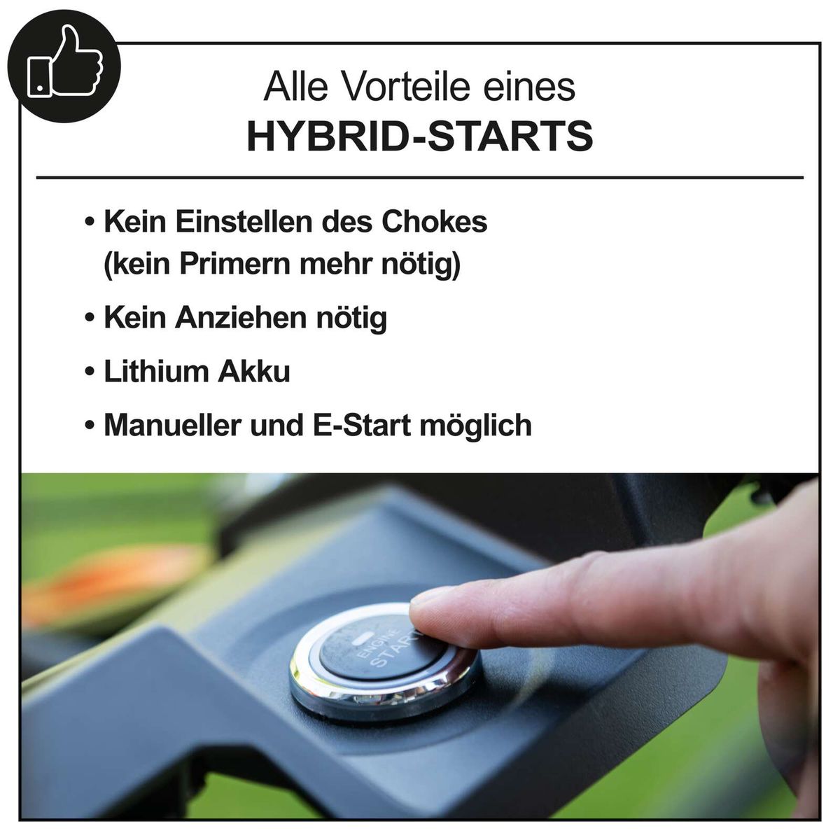 Der Benzin Rasenmäher PLM530-225E von Scheppach bietet folgende Vorteile: Kein Einstellen des Chokes (kein Primern mehr nötig), Lithium-Akku, manueller und E-Start möglich.