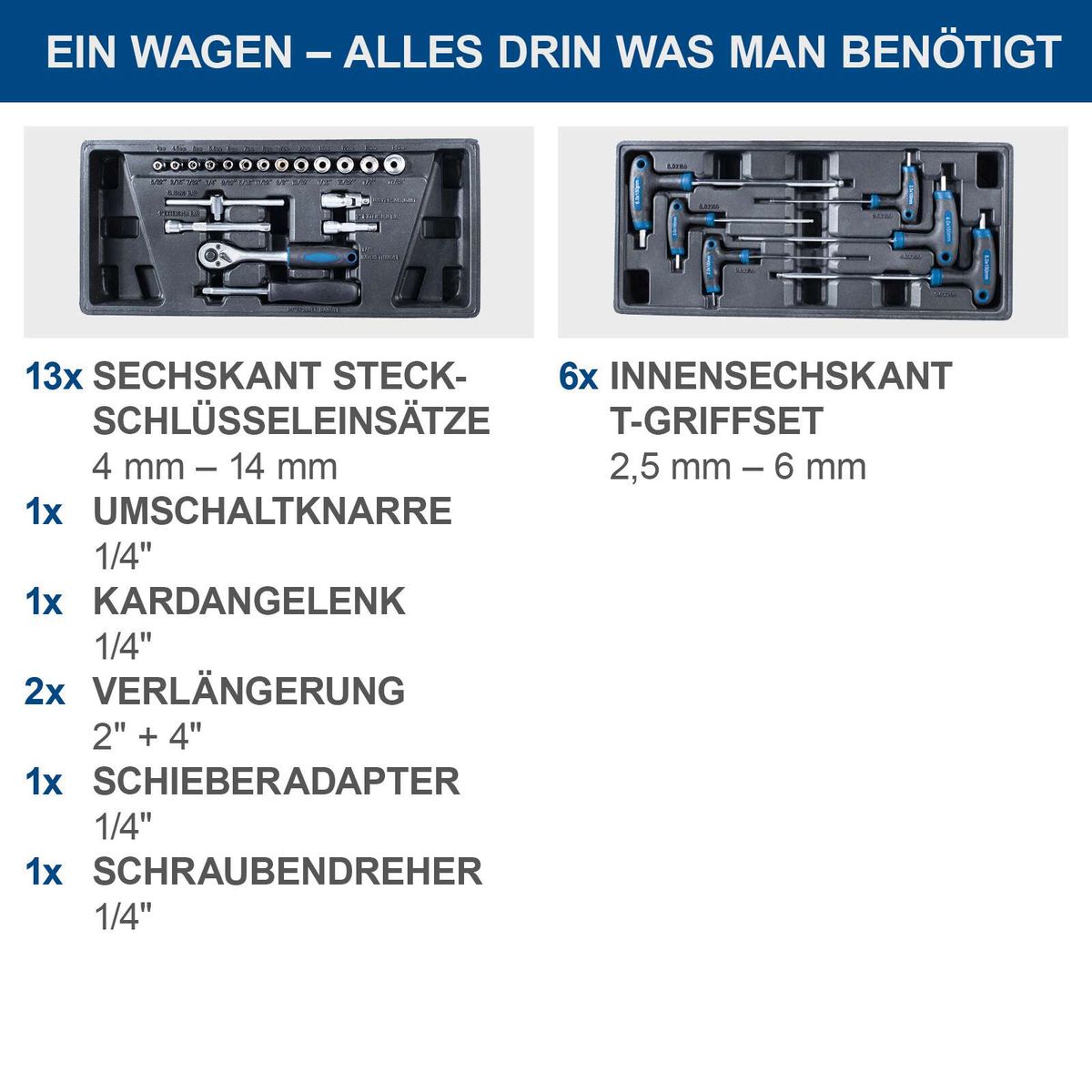 Werkzeugset für Werkstattwagen mit 13 Innenkeilschlüsseln (4–14 mm) und 6 Innensechskant-Innenkeilschlüsseln (2,5–6 mm)