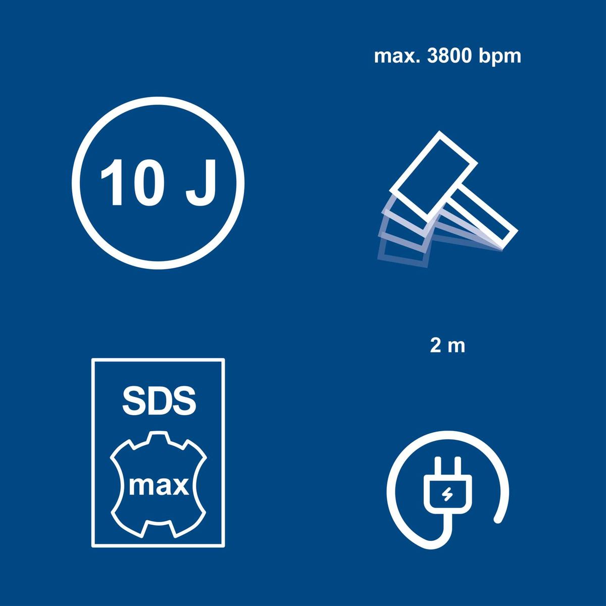Wichtige Spezifikationen für Bohrhammer: 10 Joule Schlagenergie, 3800 Schläge pro Minute, SDS-Max-Bohrkopf, bis zu 2 Meter Kabellänge, 1600 Watt Leistung