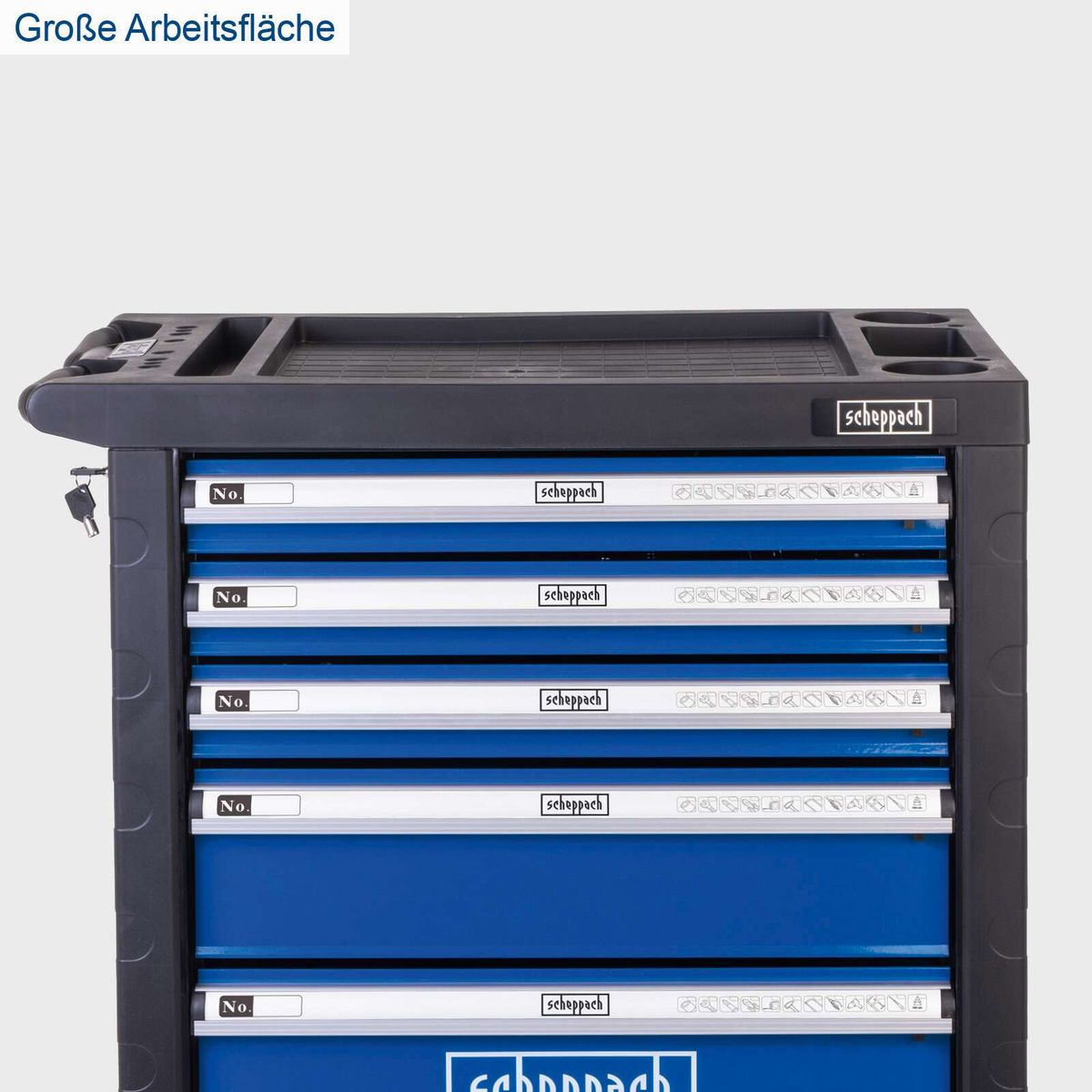 Werkstattwagen mit fünf verschließbaren Schubladen für Werkzeuge, inkl. Sicherheitsschloss
