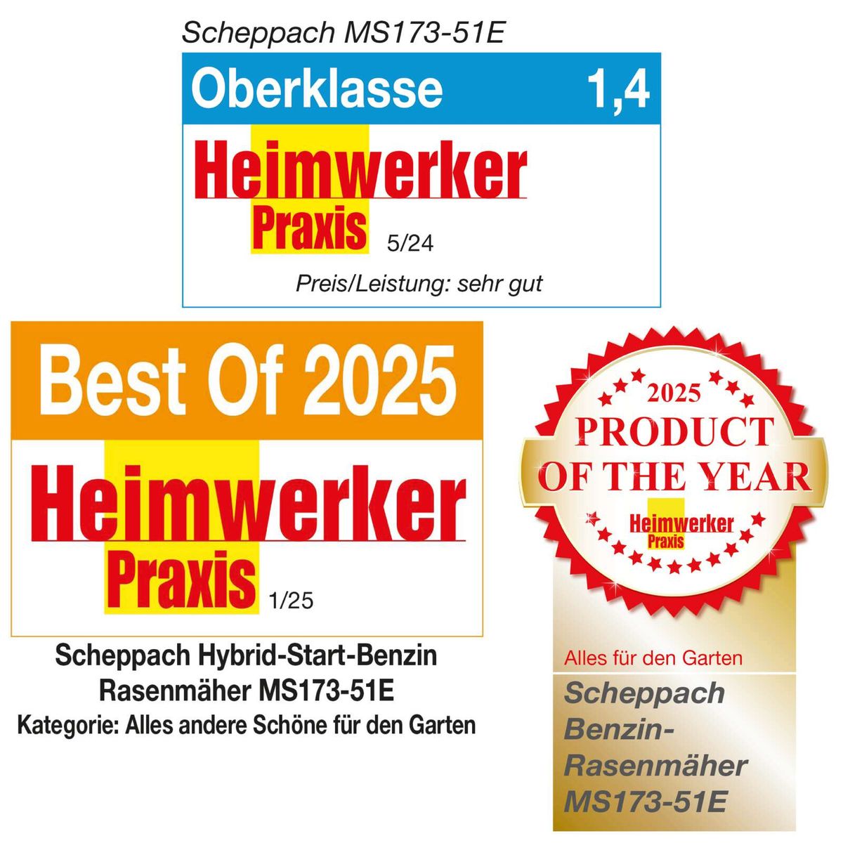 Scheppach Benzin-Rasenmäher MS173-51E ausgezeichnet von Heimwerker Praxis als Produkt des Jahres 2025 und Best Of 2025 in der Kategorie Alles für den Garten. Bewertung: Oberklasse, 1/25 und 5/24.