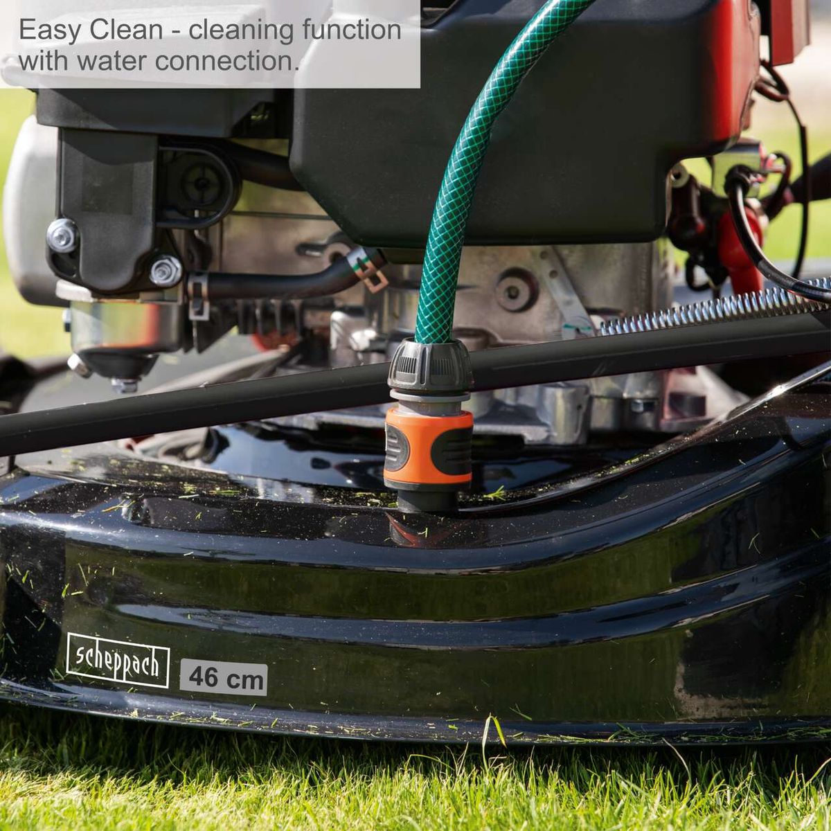 The Scheppach petrol lawnmower MS173-51 features an easy clean function with water connection. Cutting width: 46 cm.