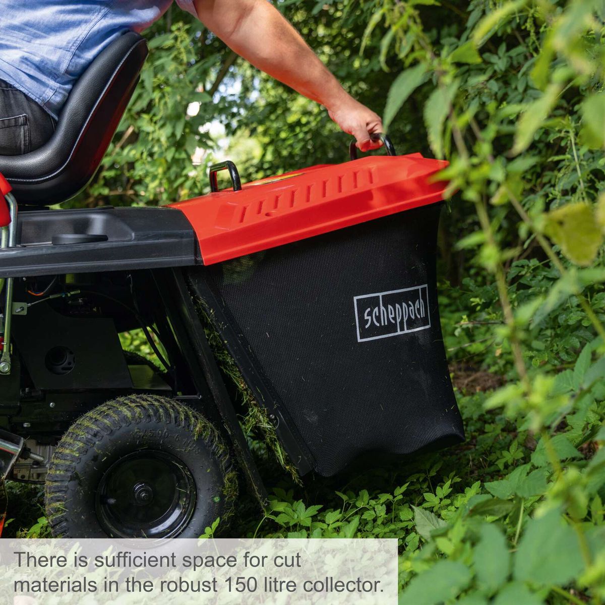 Der Benzin-Aufsitzrasenmäher MR200-61 Scheppach verfügt über einen robusten 150-Liter-Fangsack für geschnittenes Material.