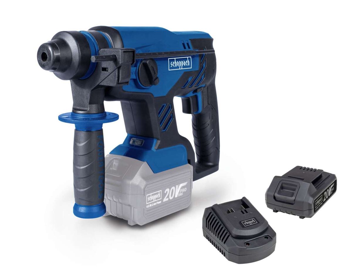 Scheppach Akku-Bohrhammer BCRH170-20ProS, inkl. Akku und Ladegerät, Ansicht von vorne.