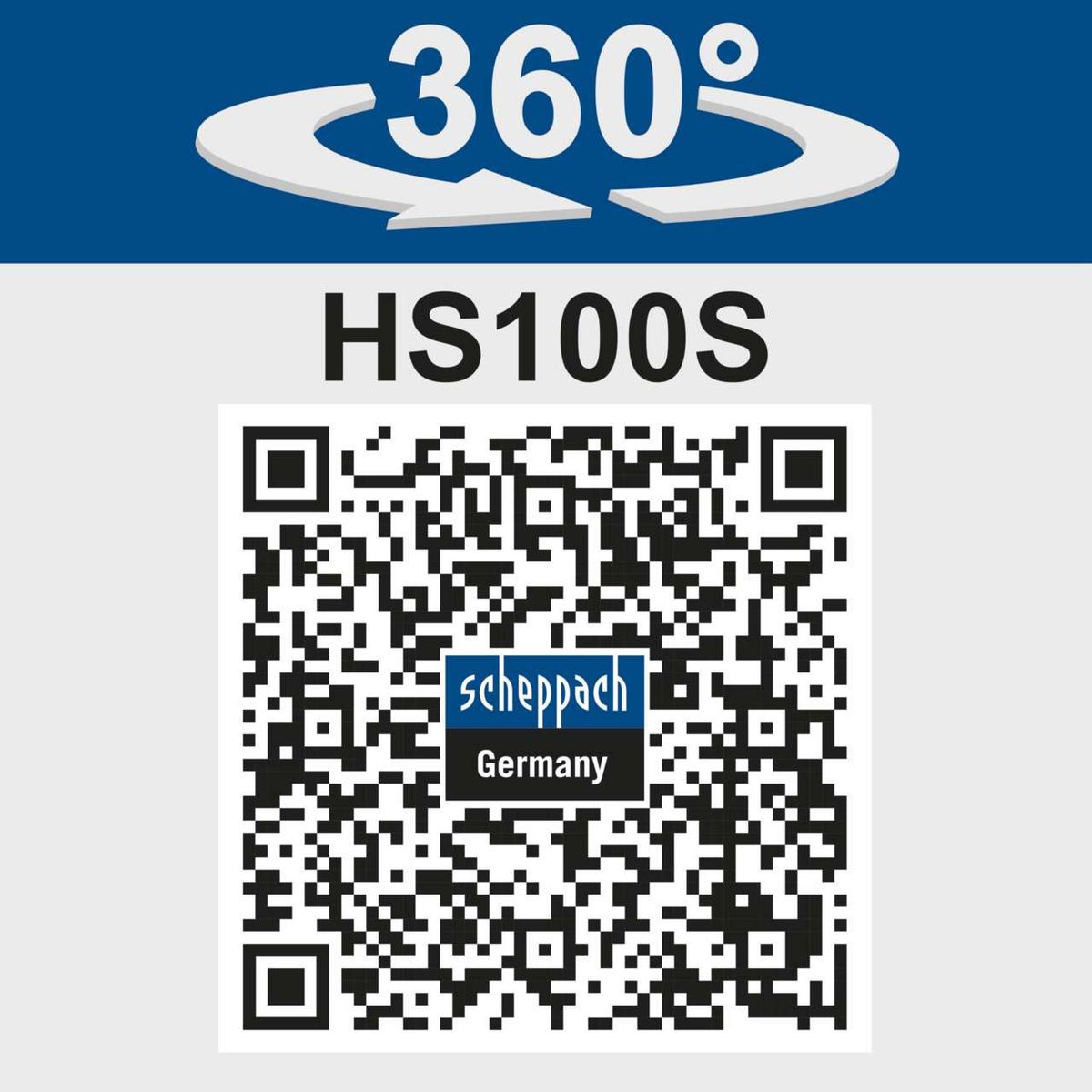 Tischkreissäge HS100S mit 360°-Schwenkfunktion. QR-Code für weitere Informationen von Scheppach, Deutschland.