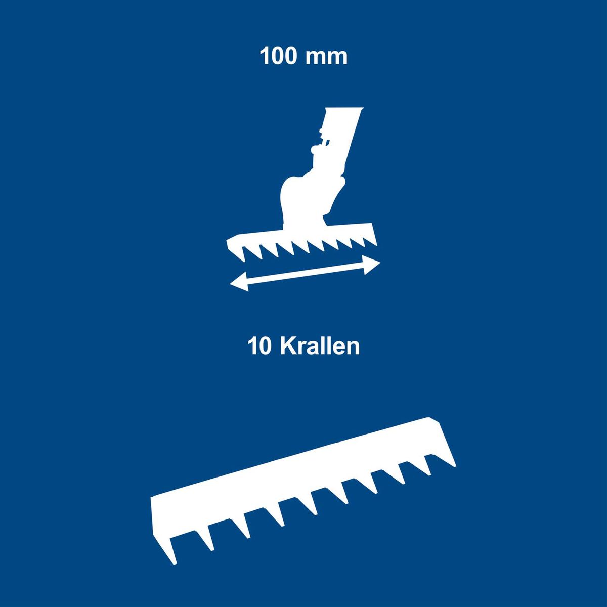 Scheppach-Baggerrechen mit 100 mm Breite und 10 Krallen, illustriert für technische Merkmale