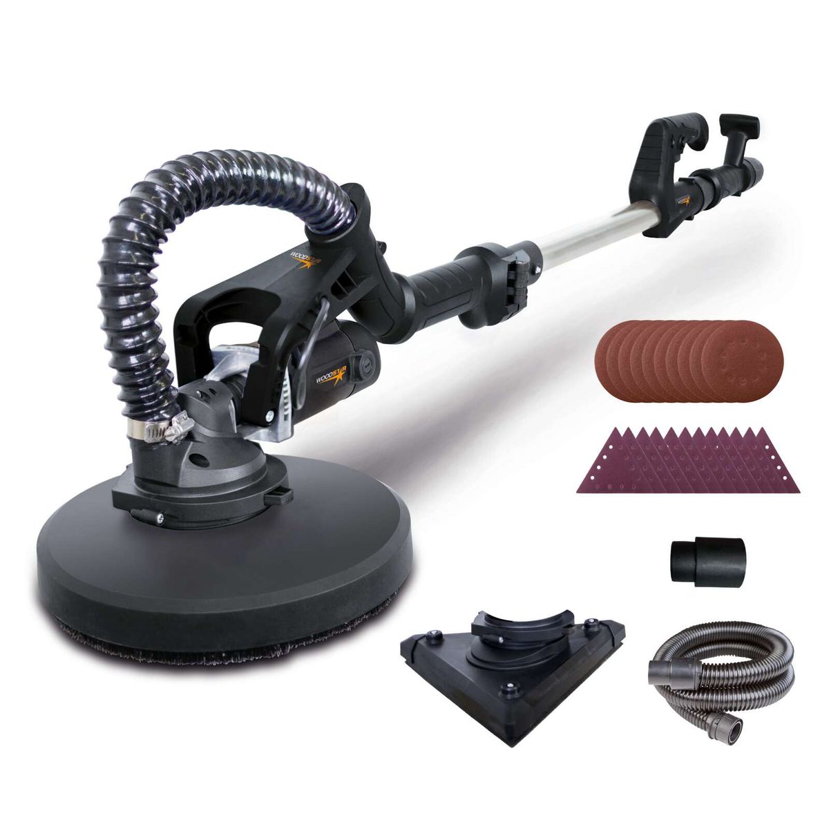 Der Scheppach Wand- und Deckenschleifer DWS10 Woodster mit variabler Drehzahl. Inklusive Rund- und Eck-Schleifkopf, zwei Schleifplatten und flexibler Schlauch. 710W Leistung für präzises Schleifen.