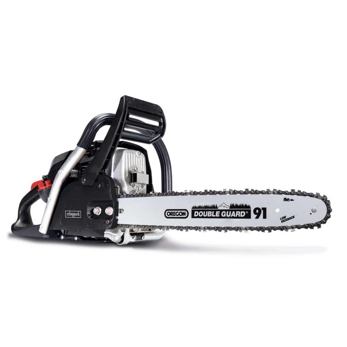 Benzinkettensäge mit Oregon Double Guard 91 Kette, niedrigem Rückschlag und 35 cm Schnittlänge. Gezeigt von der Seite.