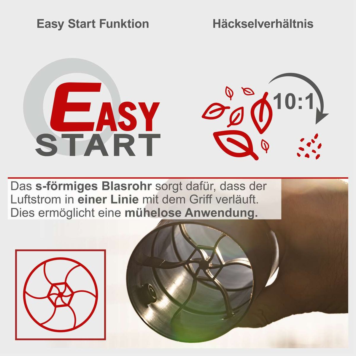 Der Scheppach Benzin Laubbläser & Laubsauger LBH3500P bietet eine Easy Start Funktion mit einem s-förmigen Blasrohr für einen geradlinigen Luftstrom. Das Häckselverhältnis beträgt 10:1.