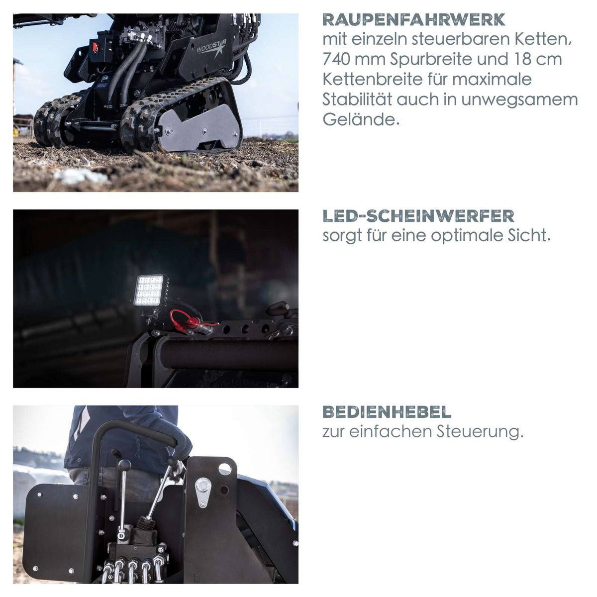 Wanderfahrwerk mit individuell steuerbaren Ketten, 740 mm Spurbreite und 18 cm Kettenbreite für maximale Stabilität in unwegsamem Gelände