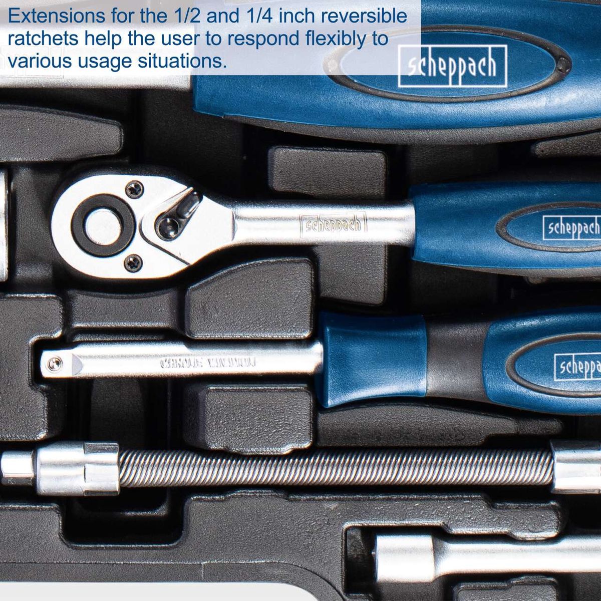 The tool kit TB94 by Scheppach includes extensions for the 1/2 and 1/4 inch reversible ratchets, helping the user to respond flexibly to various usage situations.