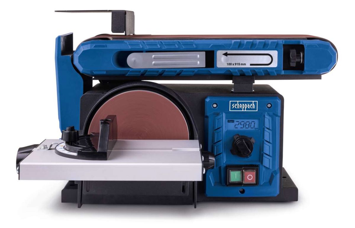 Band- & Tellerschleifer BTS800Vario Scheppach, Ansicht von vorne. 400W, Schleifband 915x100mm, Schleifteller Ø150mm.