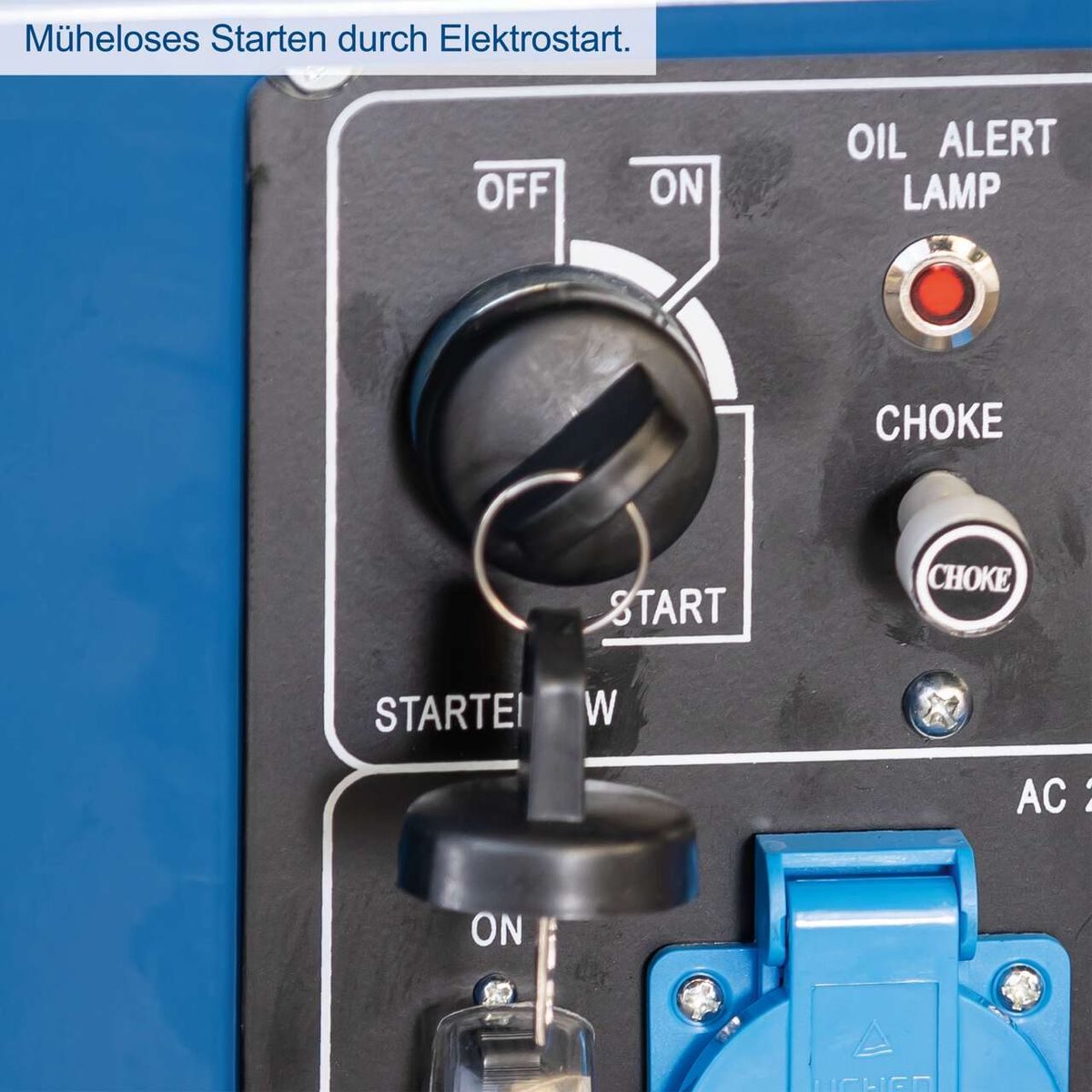 Diesel Stromerzeuger mit Elektrostart, Ölmangel-Warnlampe und Choke-Funktion. Einfaches Starten durch Elektrostart.