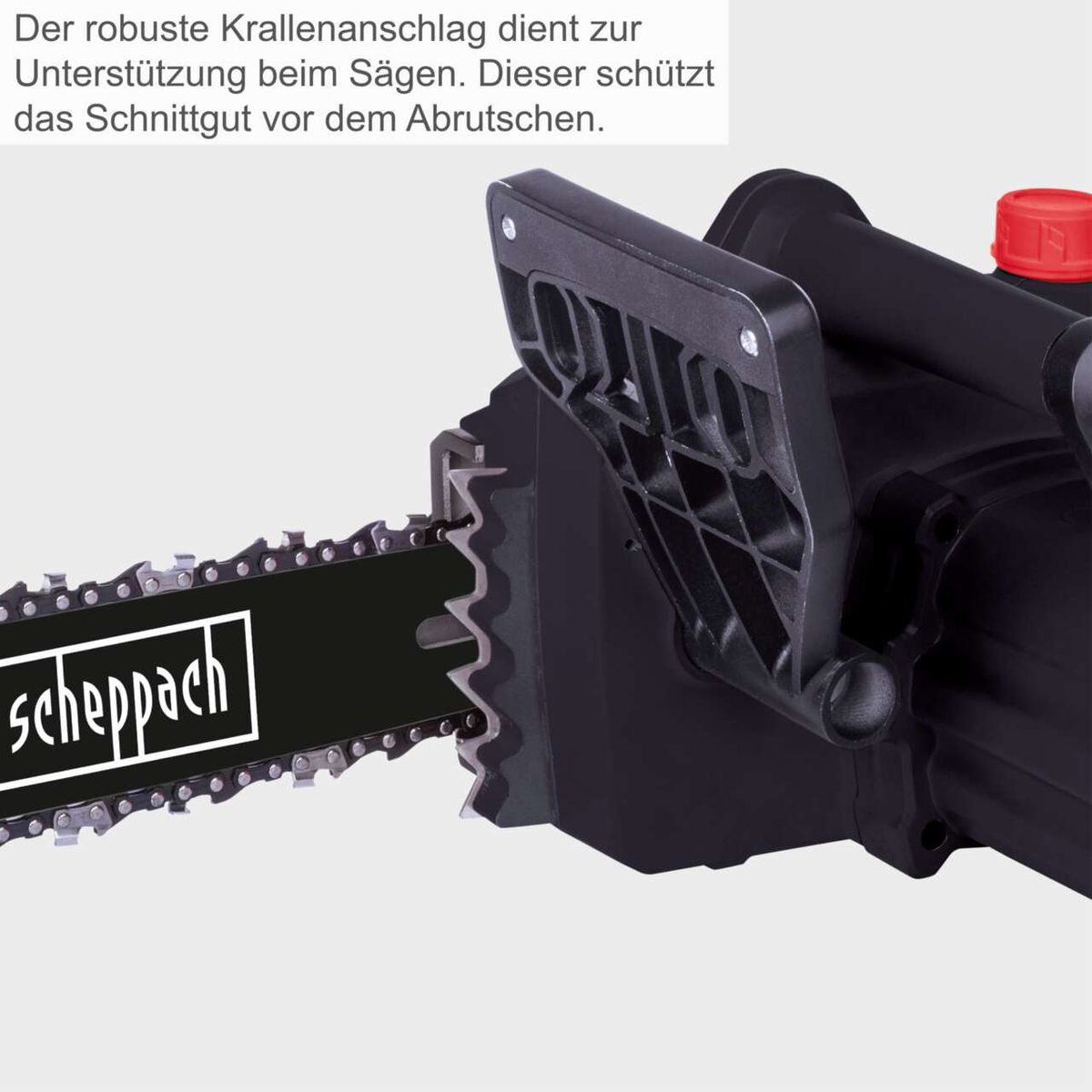 Die Elektro-Kettensäge CSE2200 von Scheppach verfügt über einen robusten Krallenanschlag, der beim Sägen unterstützt und das Schnittgut vor dem Abruchten schützt.