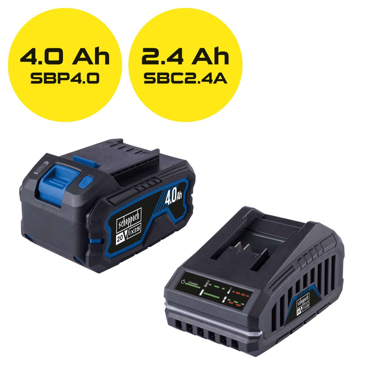 Scheppach-Batterien mit 4,0 Ah und 2,4 Ah Batteriepacks für Werkzeuge