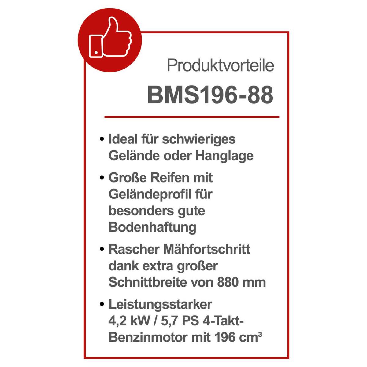 Mähfunktion für schwieriges Gelände oder Hanglage mit großen Reifen und Geländeprofil für bessere Bodenhaftung, schnellem Schnitt mit 880 mm Breite und leistungsstarkem 196 cm³-Motor