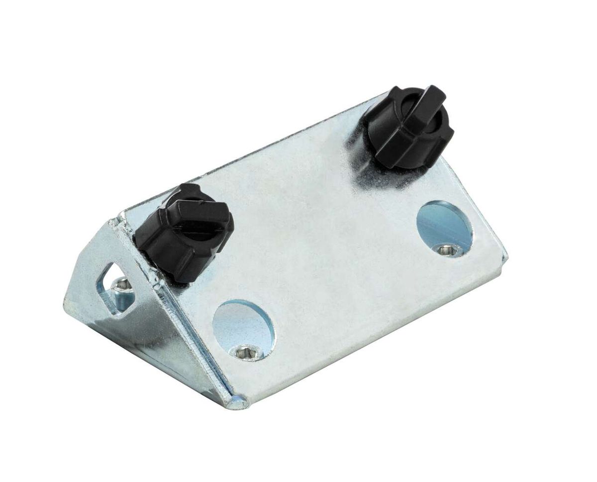 Universal Schleifstütze 110, Ansicht von oben, zwei schwarze Knöpfe, zwei Löcher, Metallplatte.