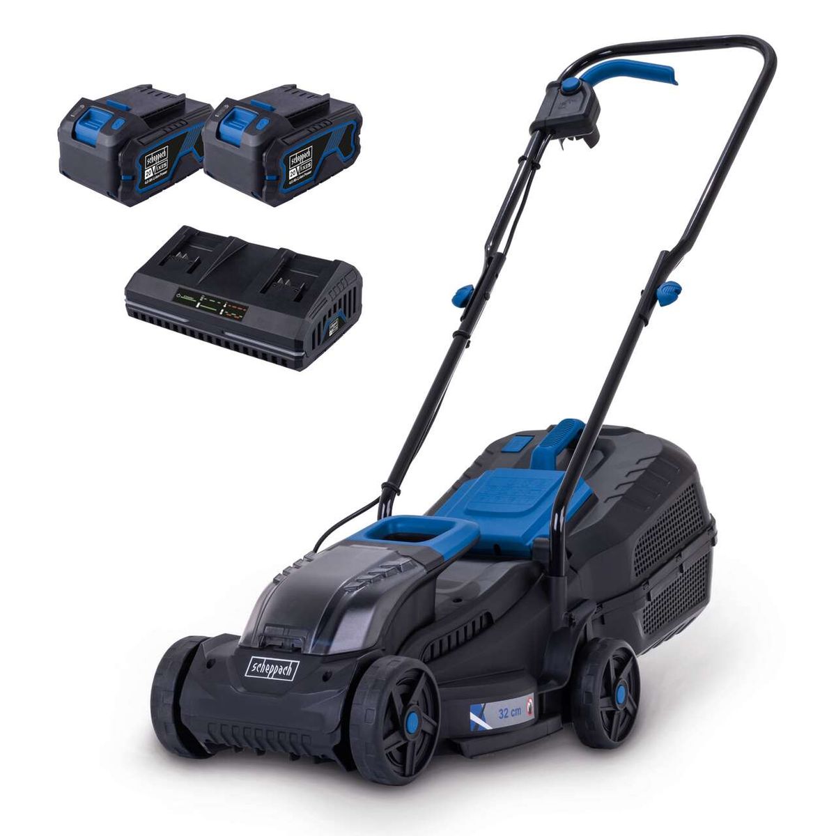 Der Akku-Rasenmäher BC-MP320-X-Set XL 1.5 von Scheppach mit 32 cm Schnittbreite, inklusive zwei Akkus und Ladegerät. Das Set enthält alles für die Gartenpflege.